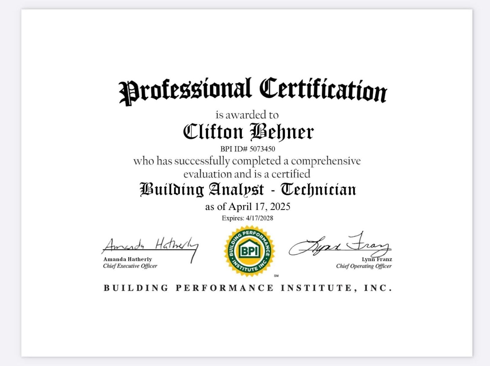 BPI Building Analyst certification for Clifton Behner